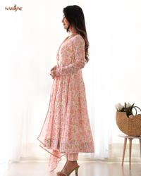 Floral Print Anarkali Gown Set in Orange Chiffon | 4 Meter Full Flair with Pant & Shawl Style Dupatta | Fully Stitched Ready to Wear Ethnic Set for Women