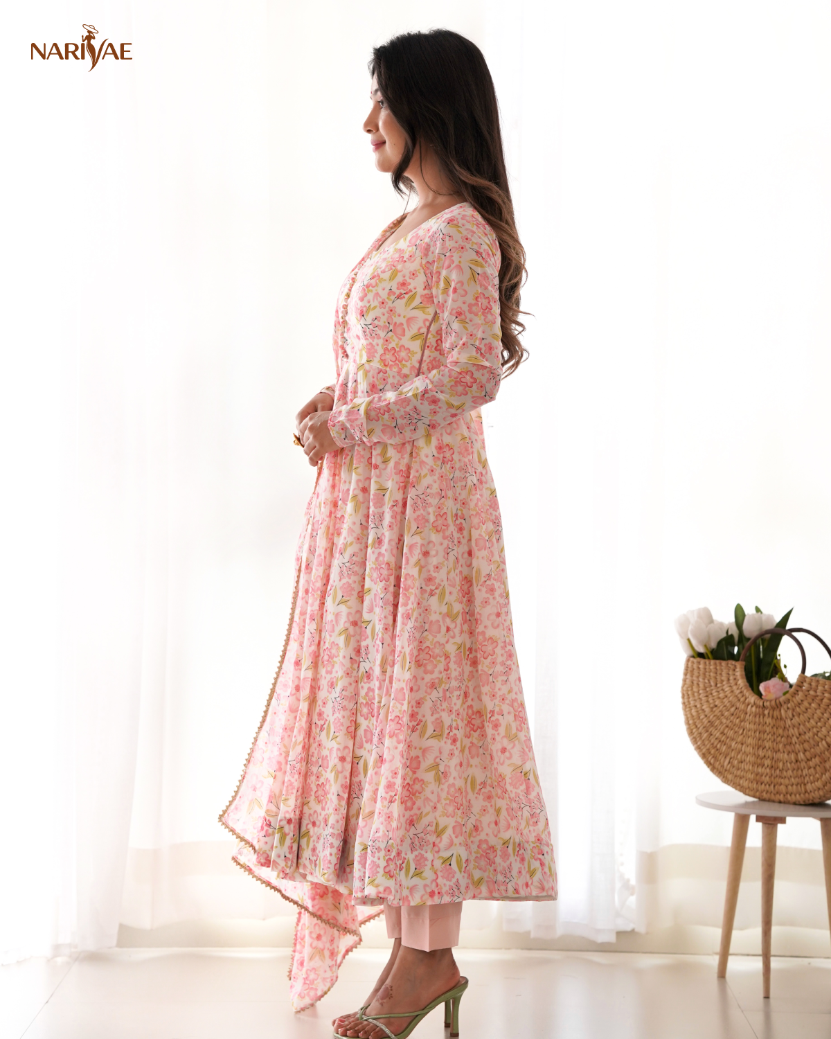 Floral Print Anarkali Gown Set in Orange Chiffon | 4 Meter Full Flair with Pant & Shawl Style Dupatta | Fully Stitched Ready to Wear Ethnic Set for Women