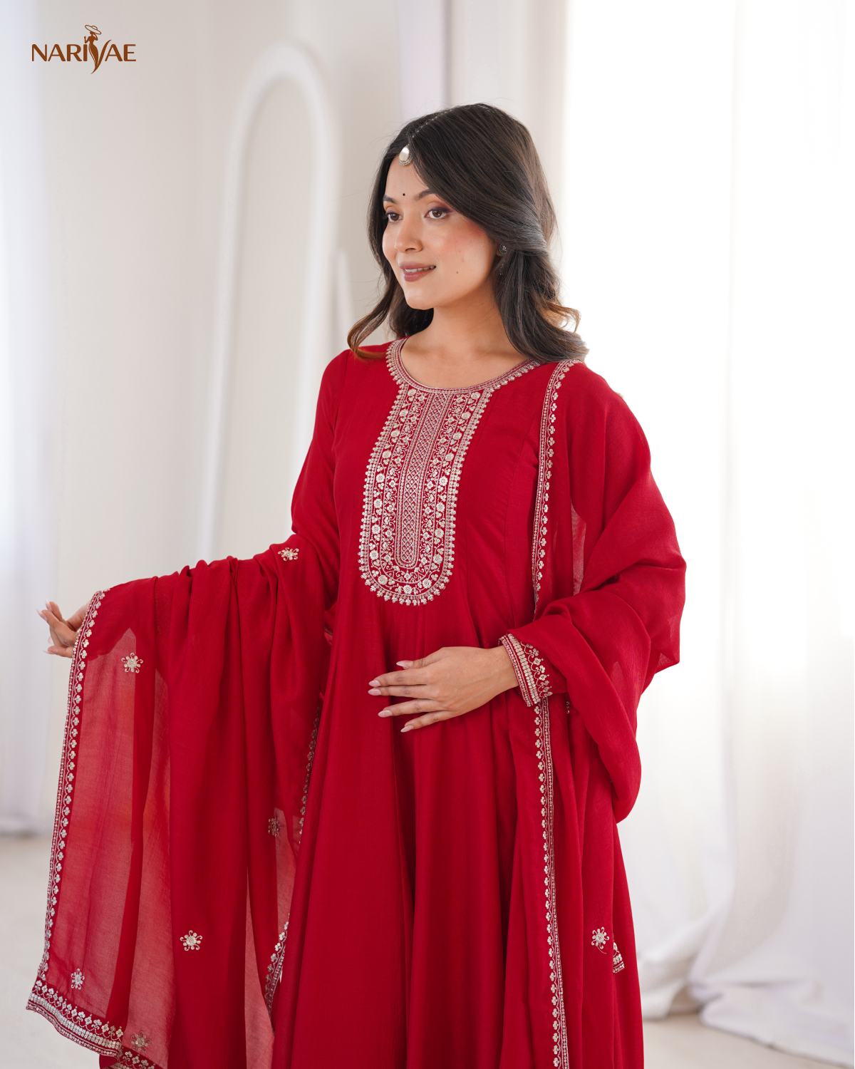 Anarkali Gown Set in Pure Vichitra Silk | Full Kali 3.8 Meter Flair with Embroidered Dupatta | Fully Stitched Ready to Wear Ethnic Set for Women