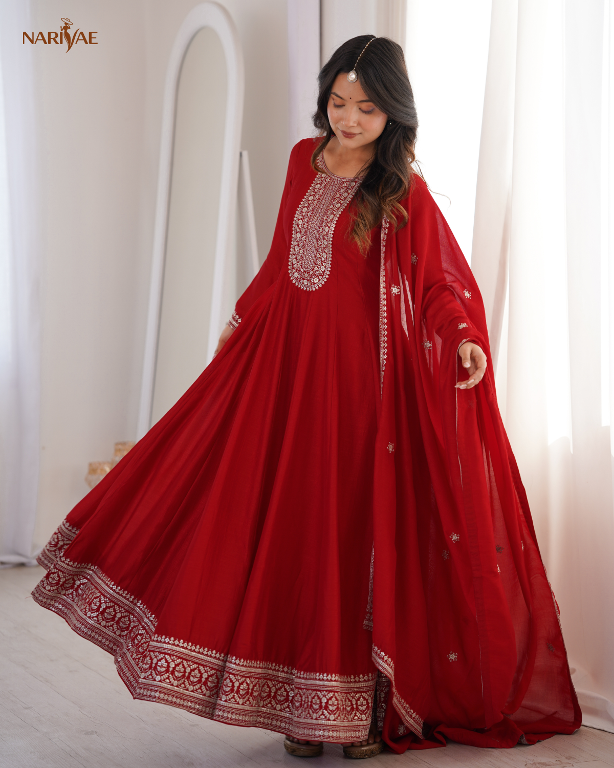 Anarkali Gown Set in Pure Vichitra Silk | Full Kali 3.8 Meter Flair with Embroidered Dupatta | Fully Stitched Ready to Wear Ethnic Set for Women