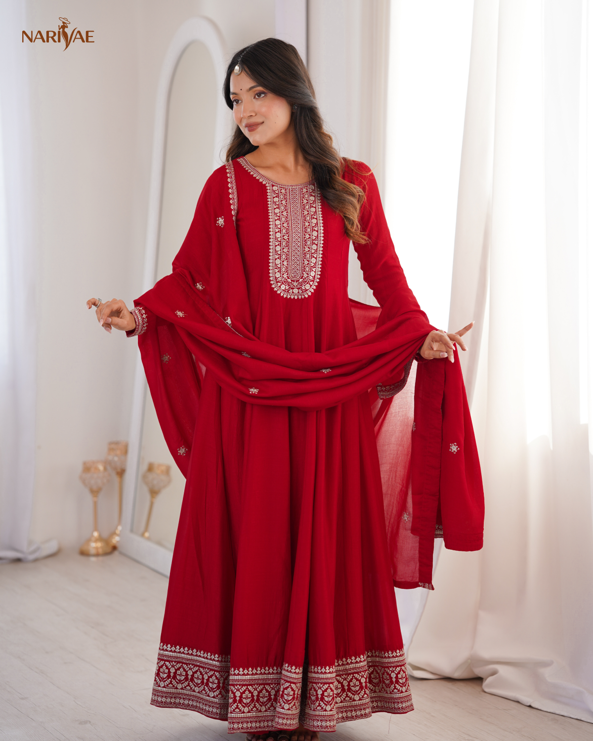 Anarkali Gown Set in Pure Vichitra Silk | Full Kali 3.8 Meter Flair with Embroidered Dupatta | Fully Stitched Ready to Wear Ethnic Set for Women