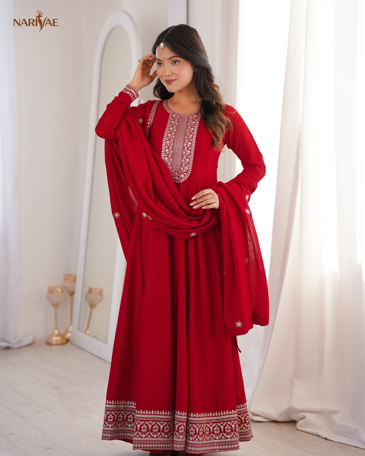 Anarkali Gown Set in Pure Vichitra Silk | Full Kali 3.8 Meter Flair with Embroidered Dupatta | Fully Stitched Ready to Wear Ethnic Set for Women
