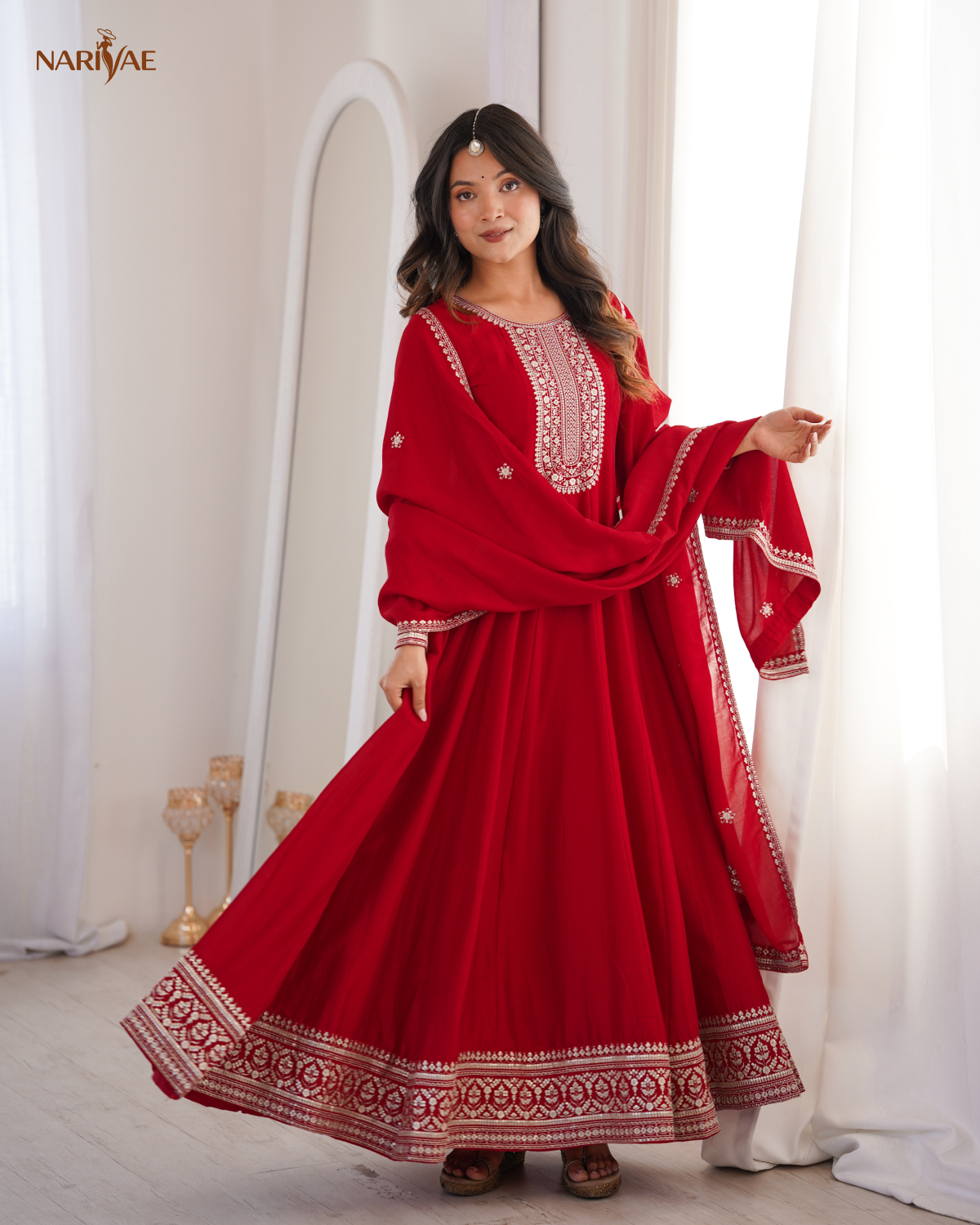 Anarkali Gown Set in Pure Vichitra Silk | Full Kali 3.8 Meter Flair with Embroidered Dupatta | Fully Stitched Ready to Wear Ethnic Set for Women