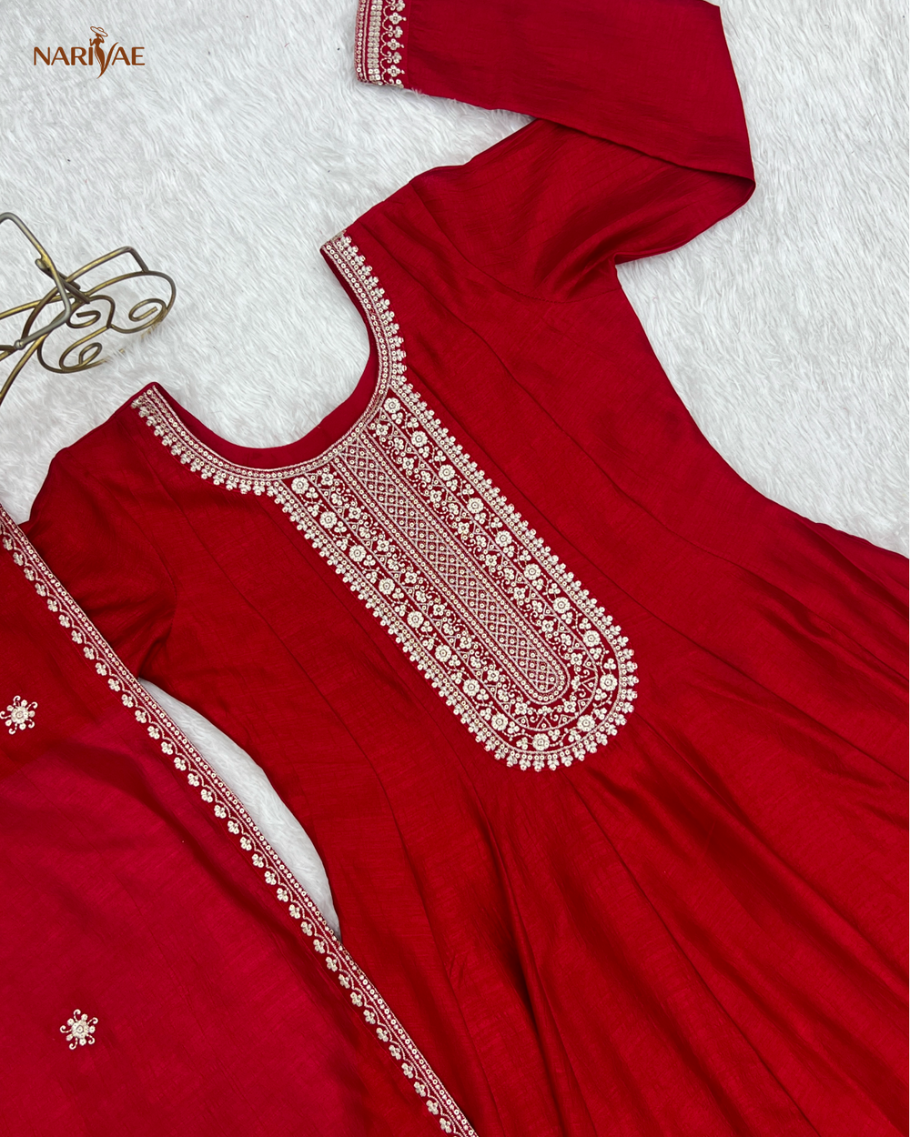 Anarkali Gown Set in Pure Vichitra Silk | Full Kali 3.8 Meter Flair with Embroidered Dupatta | Fully Stitched Ready to Wear Ethnic Set for Women