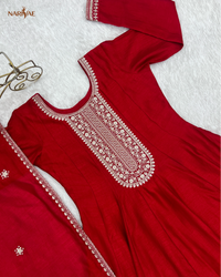 Anarkali Gown Set in Pure Vichitra Silk | Full Kali 3.8 Meter Flair with Embroidered Dupatta | Fully Stitched Ready to Wear Ethnic Set for Women