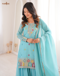 Sharara Set in Soft Crunchy Silk with Embroidery & Dori Work | Flared Sharara & Dupatta | Fully Stitched Ready to Wear Ethnic Set for Women