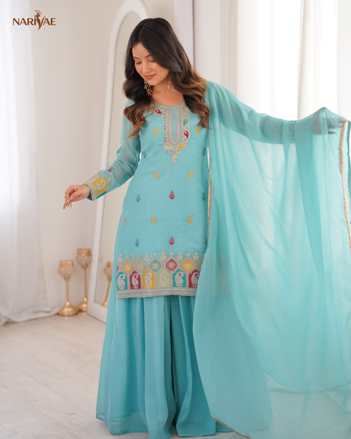Sharara Set in Soft Crunchy Silk with Embroidery & Dori Work | Flared Sharara & Dupatta | Fully Stitched Ready to Wear Ethnic Set for Women