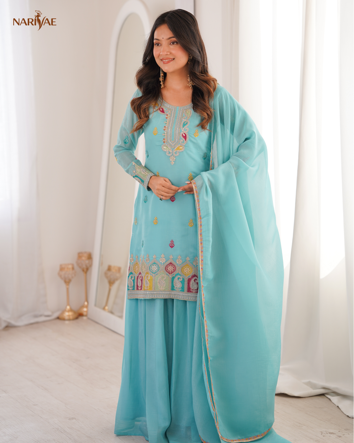 Sharara Set in Soft Crunchy Silk with Embroidery & Dori Work | Flared Sharara & Dupatta | Fully Stitched Ready to Wear Ethnic Set for Women
