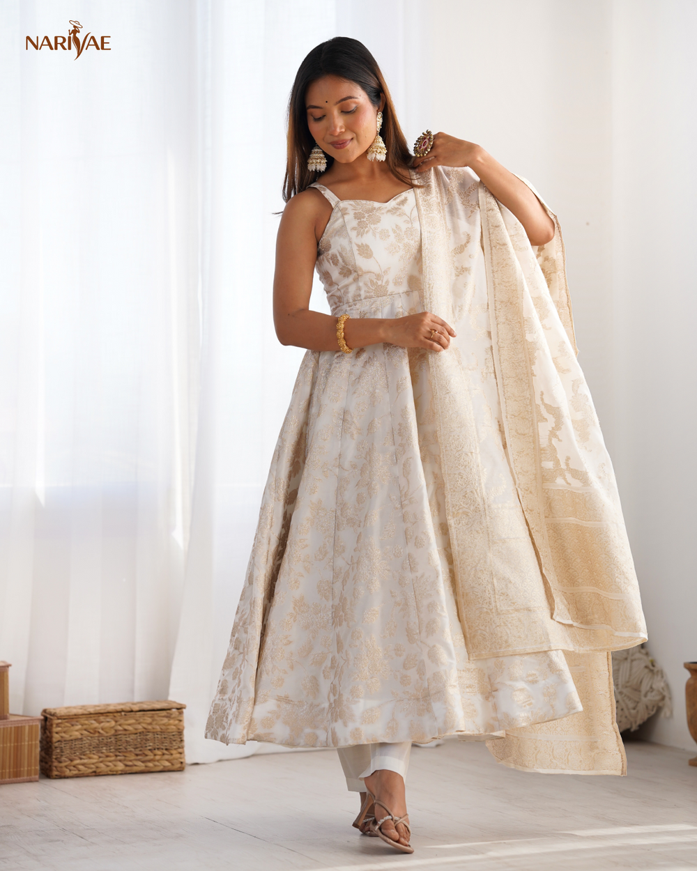 Banarasi Jacquard Dola Silk Anarkali Gown Set | Kali Cut 4 Meter Flair with Pant & Dupatta | Fully Stitched Ready to Wear Ethnic Set for Women