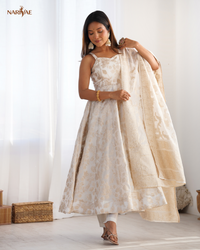 Banarasi Jacquard Dola Silk Anarkali Gown Set | Kali Cut 4 Meter Flair with Pant & Dupatta | Fully Stitched Ready to Wear Ethnic Set for Women