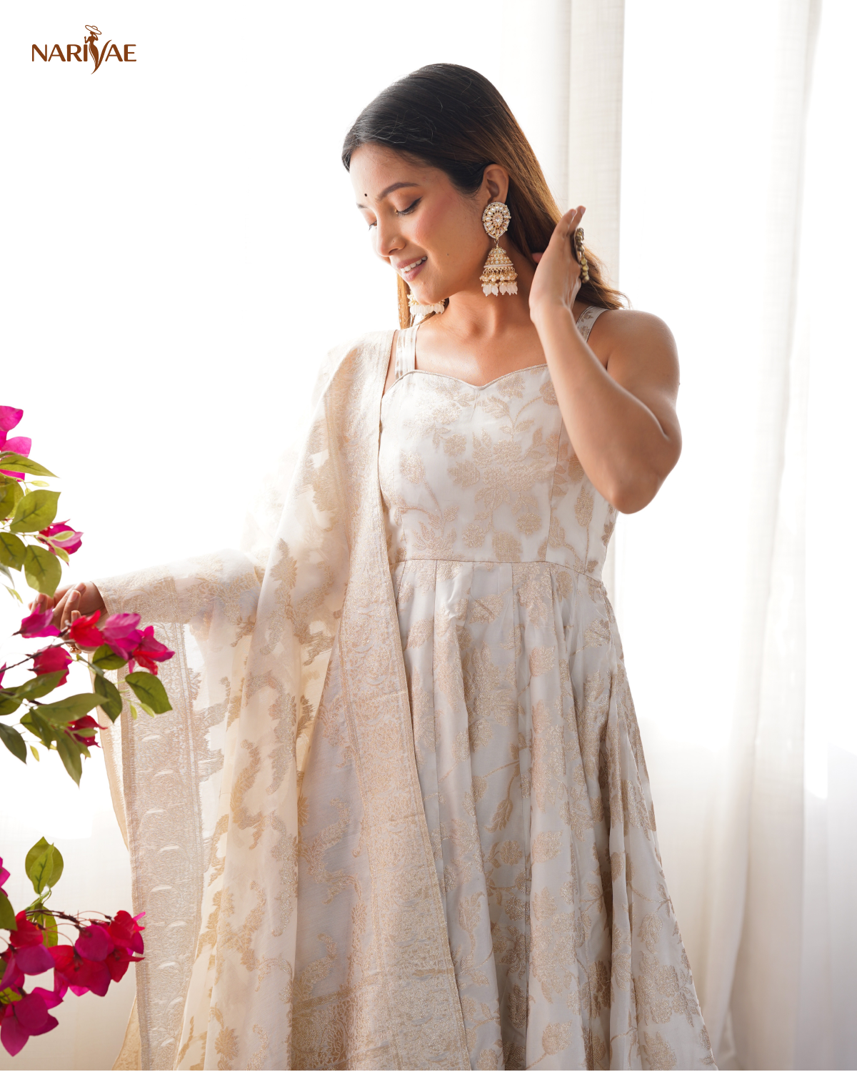 Banarasi Jacquard Dola Silk Anarkali Gown Set | Kali Cut 4 Meter Flair with Pant & Dupatta | Fully Stitched Ready to Wear Ethnic Set for Women