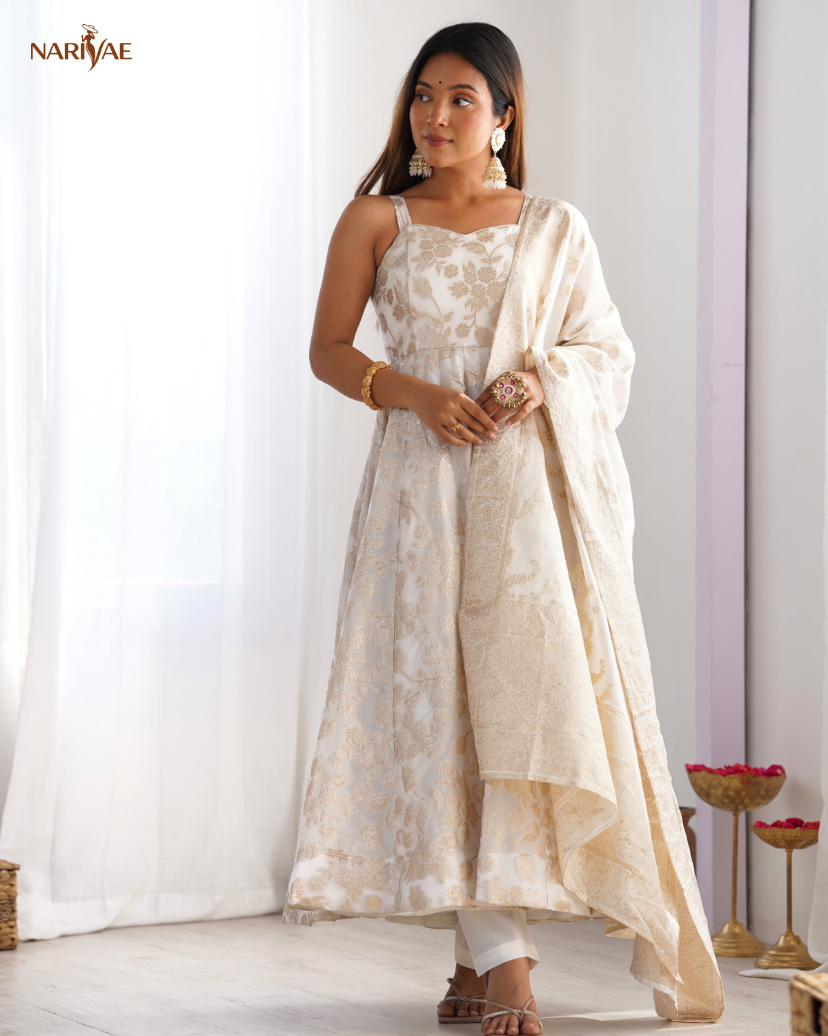 Banarasi Jacquard Dola Silk Anarkali Gown Set | Kali Cut 4 Meter Flair with Pant & Dupatta | Fully Stitched Ready to Wear Ethnic Set for Women