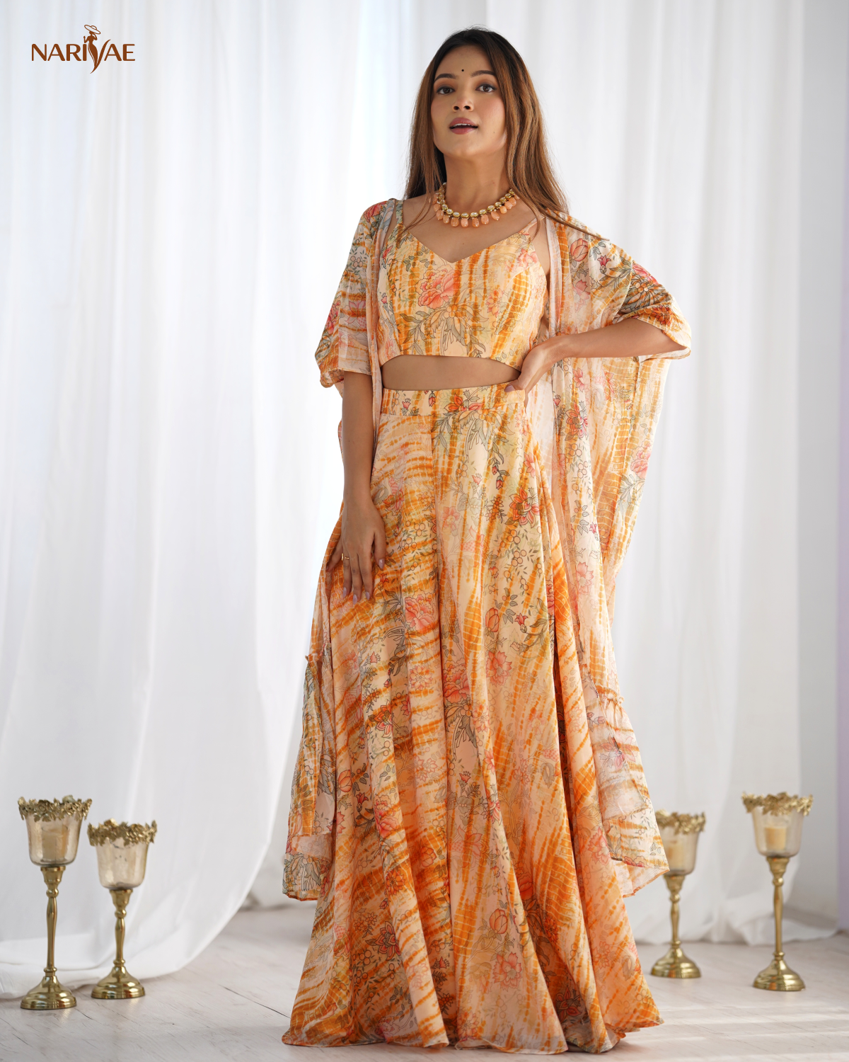 Indo Western Georgette Shrug Set with Floral Crop Top & Printed Palazzo | 3 Piece Ready to Wear Outfit for Women