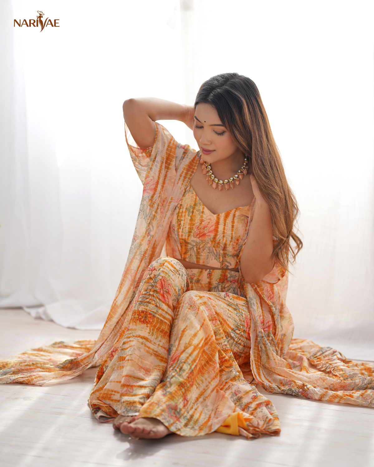 Indo Western Georgette Shrug Set with Floral Crop Top & Printed Palazzo | 3 Piece Ready to Wear Outfit for Women