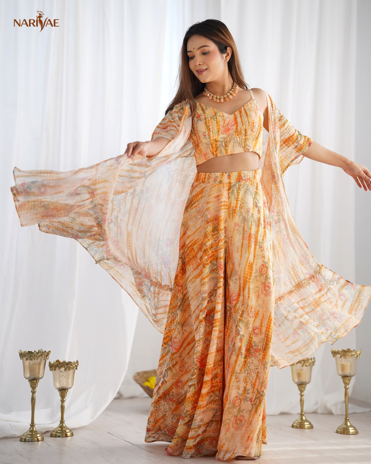 Indo Western Georgette Shrug Set with Floral Crop Top & Printed Palazzo | 3 Piece Ready to Wear Outfit for Women