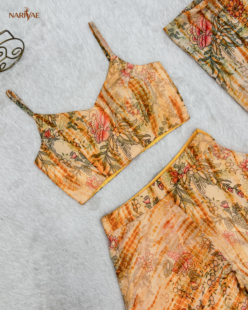 Indo Western Georgette Shrug Set with Floral Crop Top & Printed Palazzo | 3 Piece Ready to Wear Outfit for Women