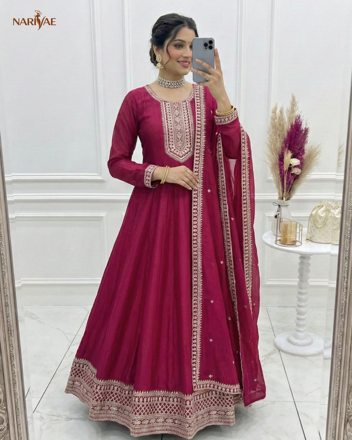 Anarkali Gown Set in Pure Vichitra Silk | Full Kali 3.8 Meter Flair with Embroidered Dupatta | Fully Stitched Ready to Wear Ethnic Set for Women