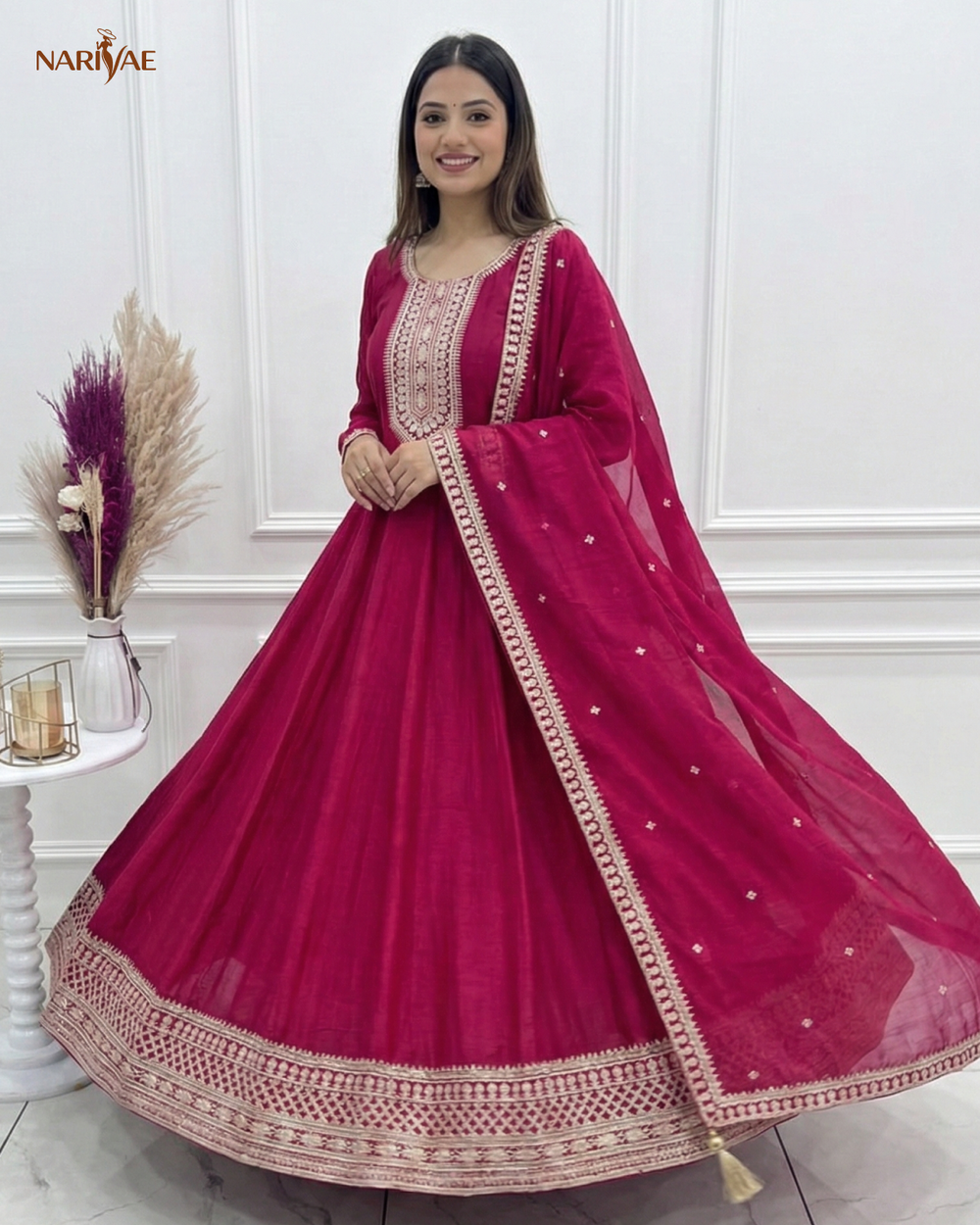 Anarkali Gown Set in Pure Vichitra Silk | Full Kali 3.8 Meter Flair with Embroidered Dupatta | Fully Stitched Ready to Wear Ethnic Set for Women