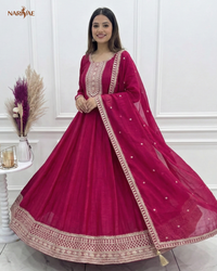 Anarkali Gown Set in Pure Vichitra Silk | Full Kali 3.8 Meter Flair with Embroidered Dupatta | Fully Stitched Ready to Wear Ethnic Set for Women