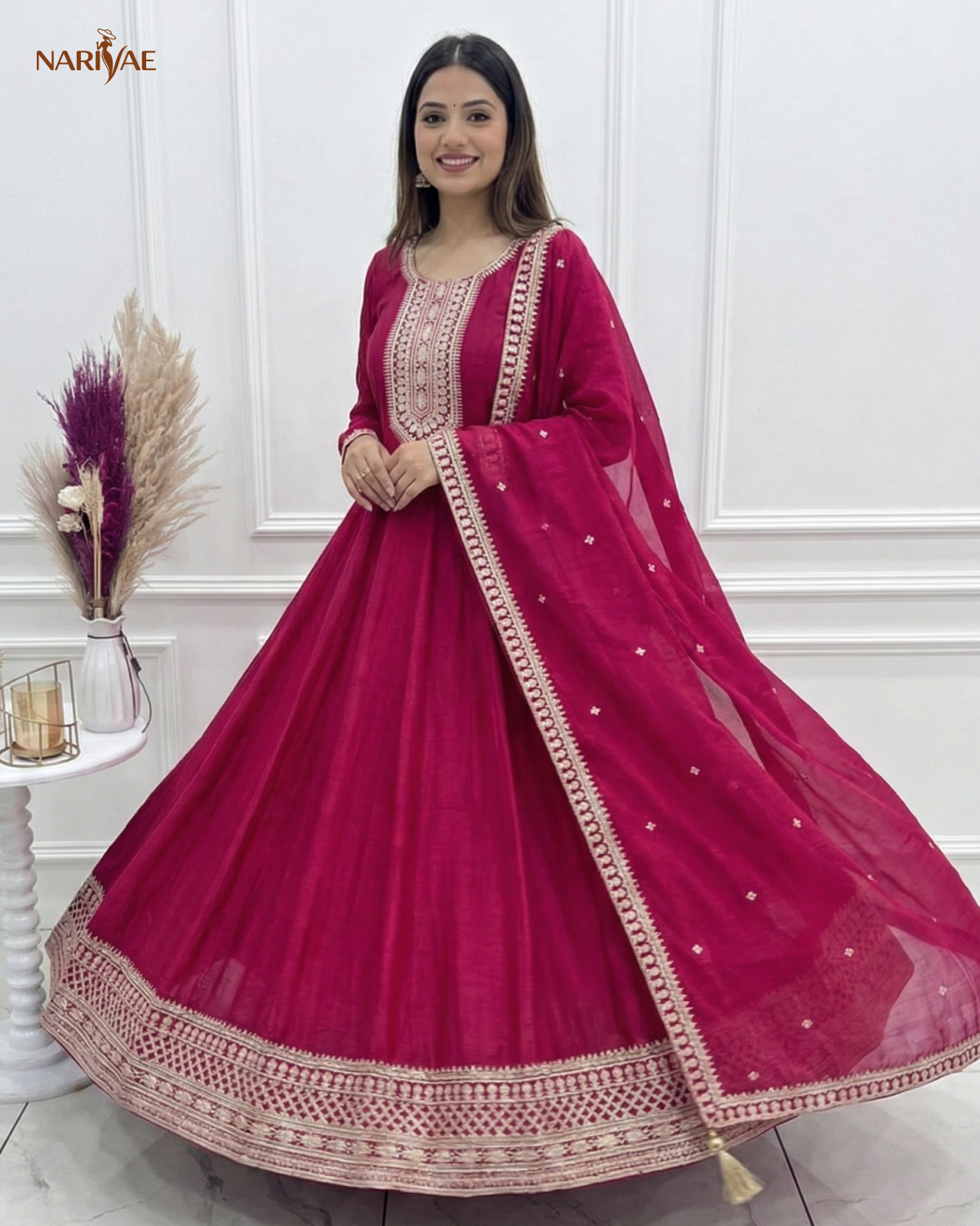 Anarkali Gown Set in Pure Vichitra Silk | Full Kali 3.8 Meter Flair with Embroidered Dupatta | Fully Stitched Ready to Wear Ethnic Set for Women