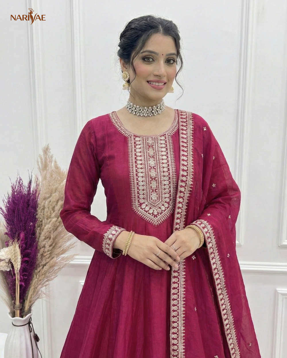 Anarkali Gown Set in Pure Vichitra Silk | Full Kali 3.8 Meter Flair with Embroidered Dupatta | Fully Stitched Ready to Wear Ethnic Set for Women