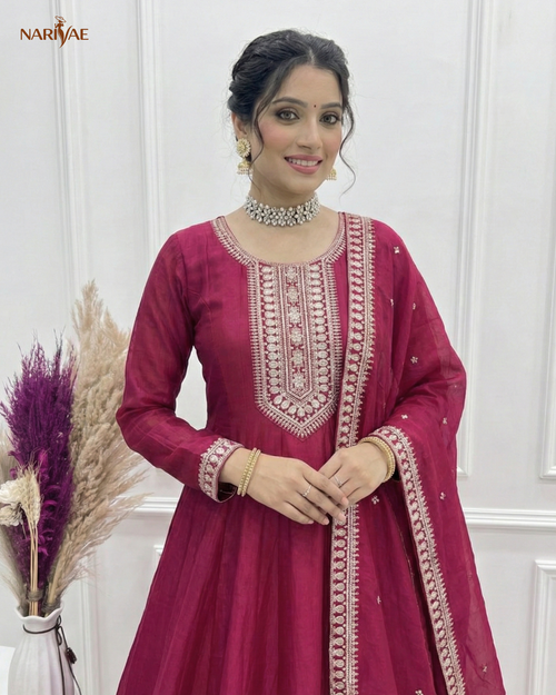 Anarkali Gown Set in Pure Vichitra Silk | Full Kali 3.8 Meter Flair with Embroidered Dupatta | Fully Stitched Ready to Wear Ethnic Set for Women