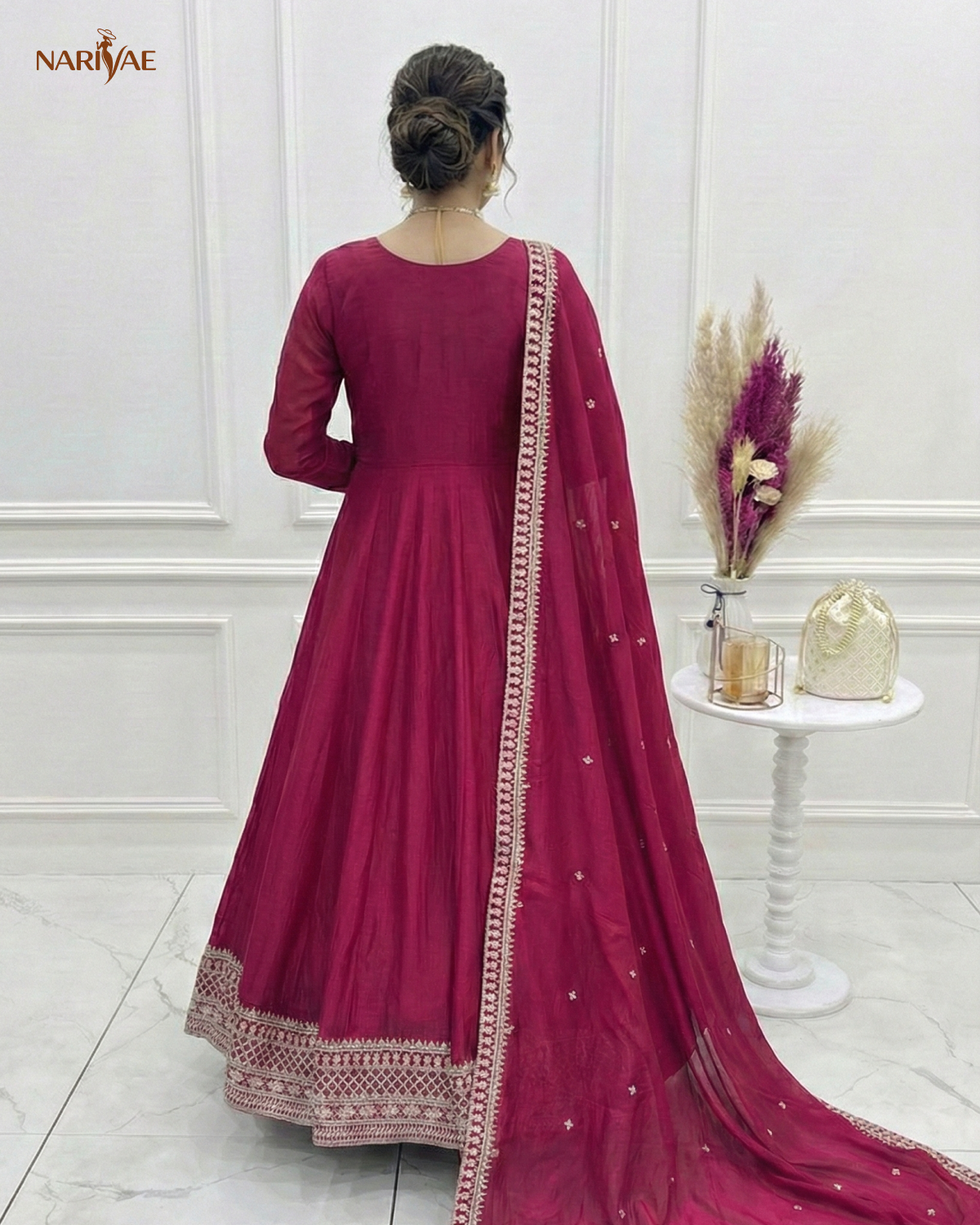 Anarkali Gown Set in Pure Vichitra Silk | Full Kali 3.8 Meter Flair with Embroidered Dupatta | Fully Stitched Ready to Wear Ethnic Set for Women