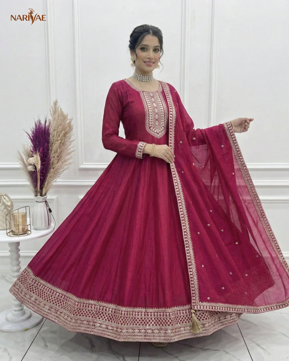Anarkali Gown Set in Pure Vichitra Silk | Full Kali 3.8 Meter Flair with Embroidered Dupatta | Fully Stitched Ready to Wear Ethnic Set for Women