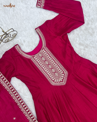 Anarkali Gown Set in Pure Vichitra Silk | Full Kali 3.8 Meter Flair with Embroidered Dupatta | Fully Stitched Ready to Wear Ethnic Set for Women