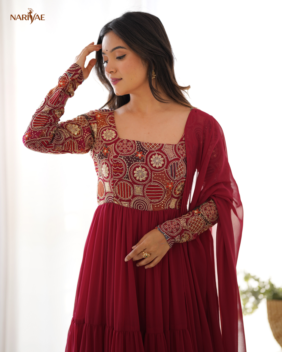 Anarkali Gown Set in Pure Soft Fox Georgette | 8 Meter Fully Flared Embroidered Designer Gown with Pant & Ruffle Dupatta | Fully Stitched Ready to Wear Ethnic Set for Women