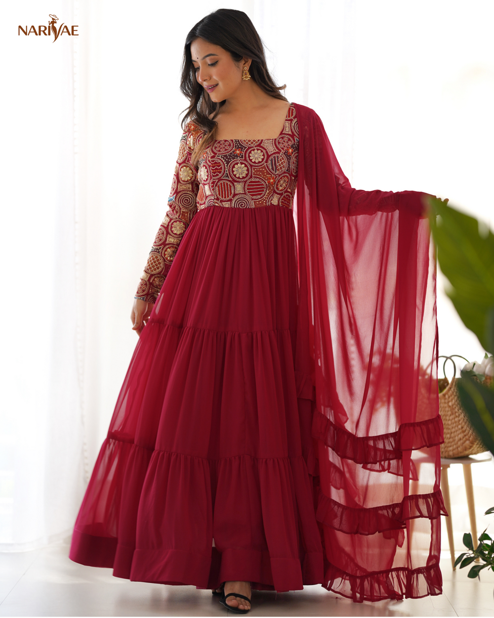 Anarkali Gown Set in Pure Soft Fox Georgette | 8 Meter Fully Flared Embroidered Designer Gown with Pant & Ruffle Dupatta | Fully Stitched Ready to Wear Ethnic Set for Women