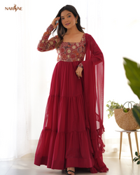 Anarkali Gown Set in Pure Soft Fox Georgette | 8 Meter Fully Flared Embroidered Designer Gown with Pant & Ruffle Dupatta | Fully Stitched Ready to Wear Ethnic Set for Women