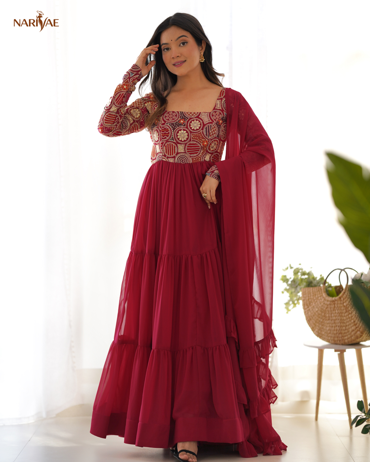Anarkali Gown Set in Pure Soft Fox Georgette | 8 Meter Fully Flared Embroidered Designer Gown with Pant & Ruffle Dupatta | Fully Stitched Ready to Wear Ethnic Set for Women