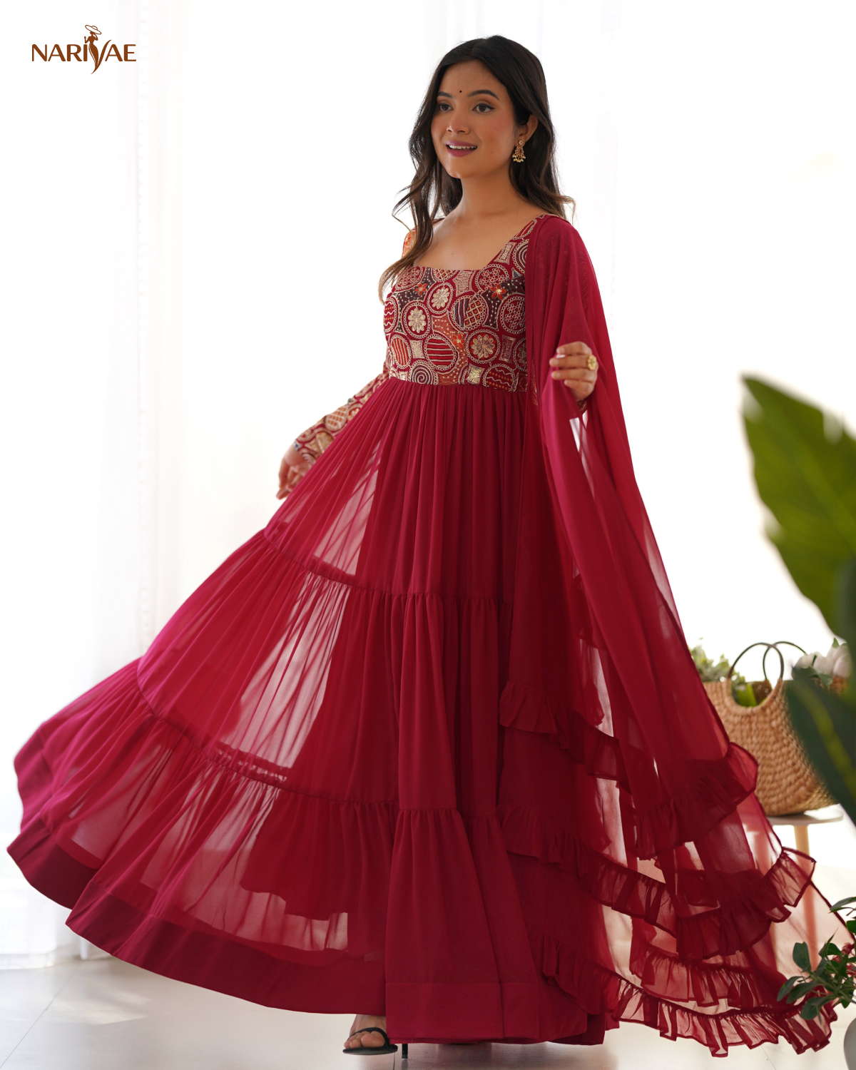 Anarkali Gown Set in Pure Soft Fox Georgette | 8 Meter Fully Flared Embroidered Designer Gown with Pant & Ruffle Dupatta | Fully Stitched Ready to Wear Ethnic Set for Women