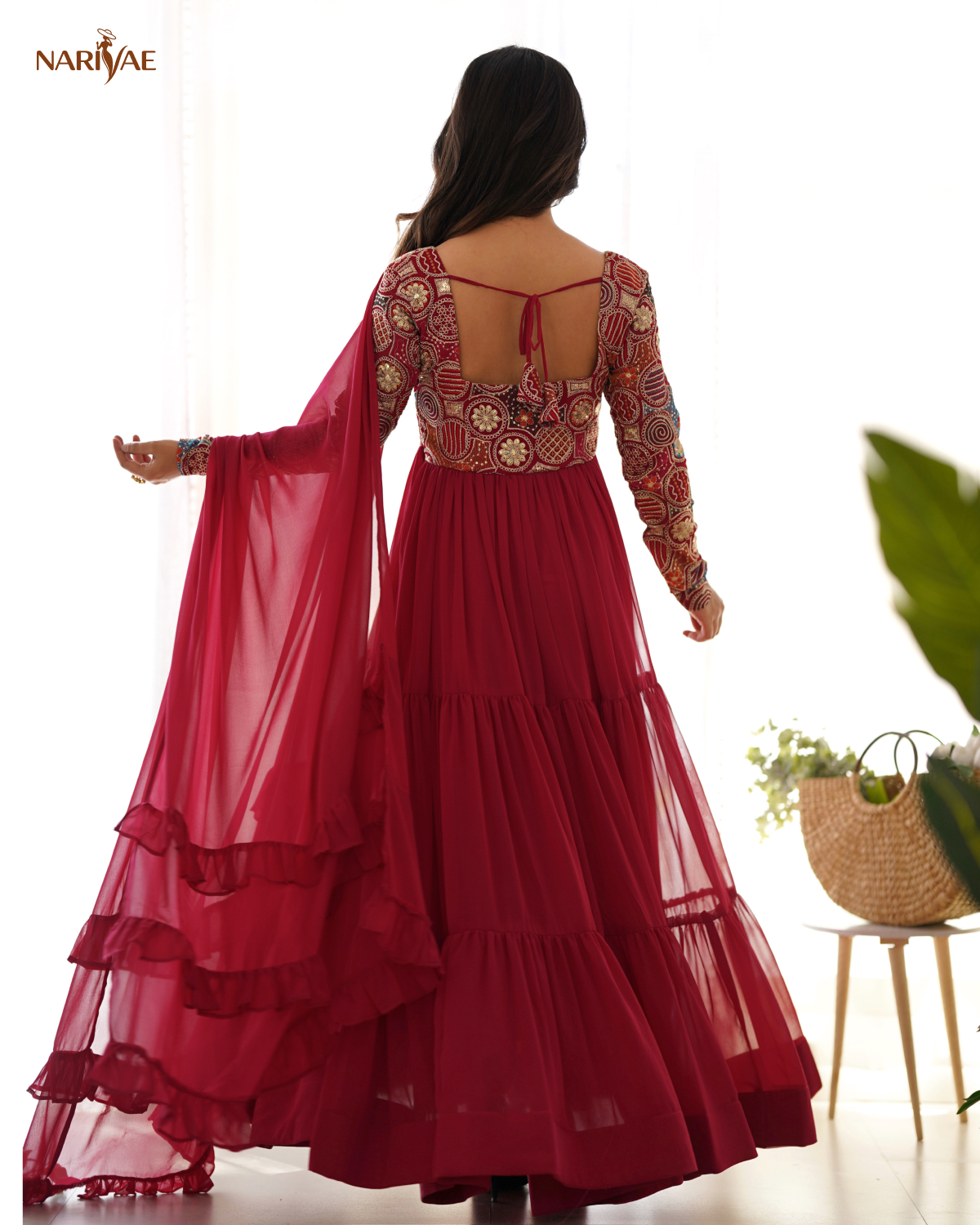 Anarkali Gown Set in Pure Soft Fox Georgette | 8 Meter Fully Flared Embroidered Designer Gown with Pant & Ruffle Dupatta | Fully Stitched Ready to Wear Ethnic Set for Women