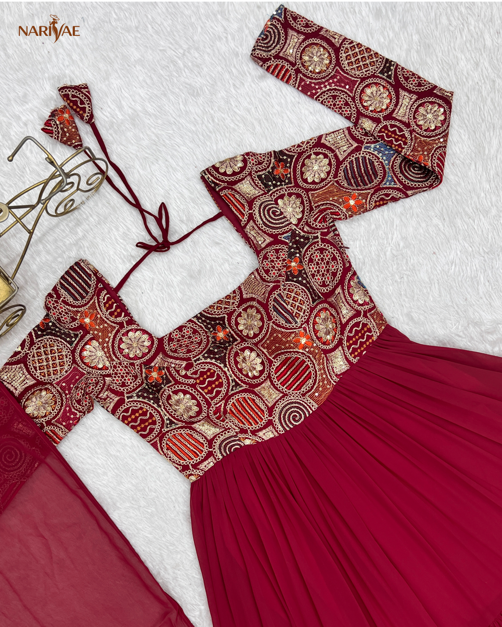 Anarkali Gown Set in Pure Soft Fox Georgette | 8 Meter Fully Flared Embroidered Designer Gown with Pant & Ruffle Dupatta | Fully Stitched Ready to Wear Ethnic Set for Women