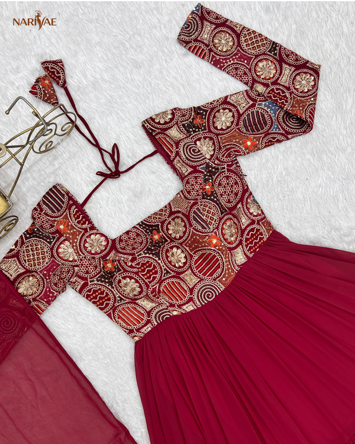 Anarkali Gown Set in Pure Soft Fox Georgette | 8 Meter Fully Flared Embroidered Designer Gown with Pant & Ruffle Dupatta | Fully Stitched Ready to Wear Ethnic Set for Women