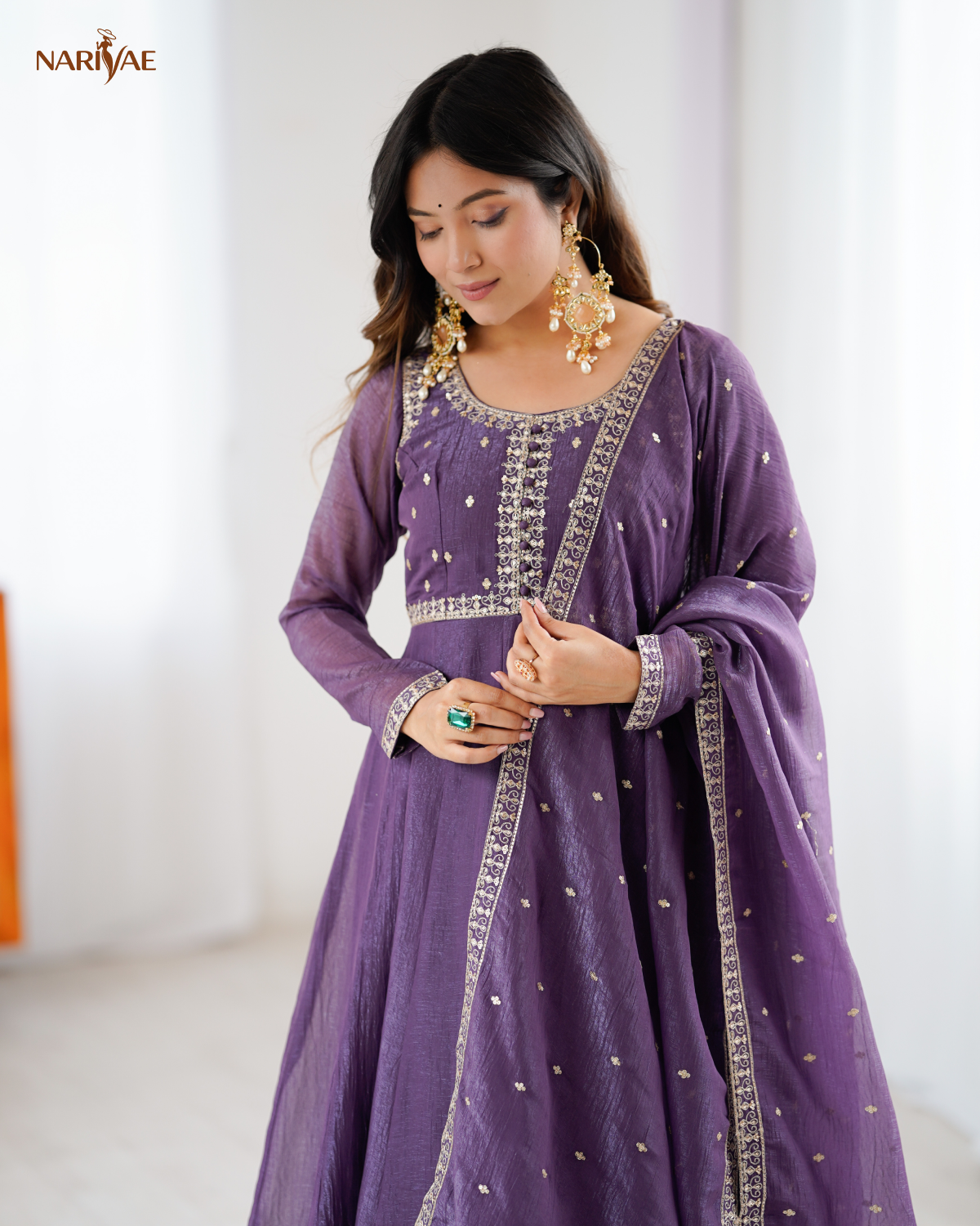 Anarkali Gown Set in Pure Crunchy Silk | Fully Flared Embroidered Designer Gown with Pant & Dupatta | Ready to Wear Ethnic Set for Women