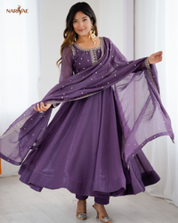 Anarkali Gown Set in Pure Crunchy Silk | Fully Flared Embroidered Designer Gown with Pant & Dupatta | Ready to Wear Ethnic Set for Women