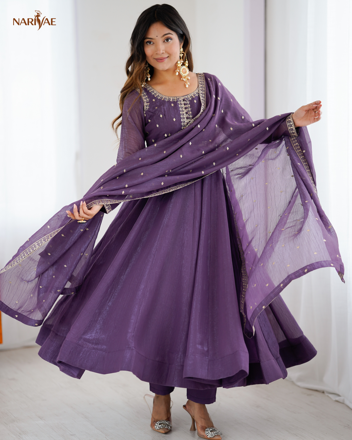 Anarkali Gown Set in Pure Crunchy Silk | Fully Flared Embroidered Designer Gown with Pant & Dupatta | Ready to Wear Ethnic Set for Women