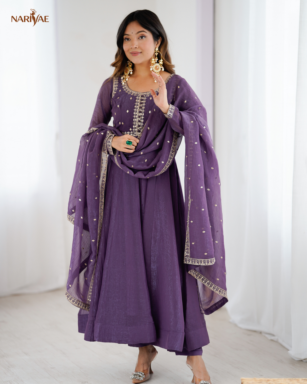 Anarkali Gown Set in Pure Crunchy Silk | Fully Flared Embroidered Designer Gown with Pant & Dupatta | Ready to Wear Ethnic Set for Women