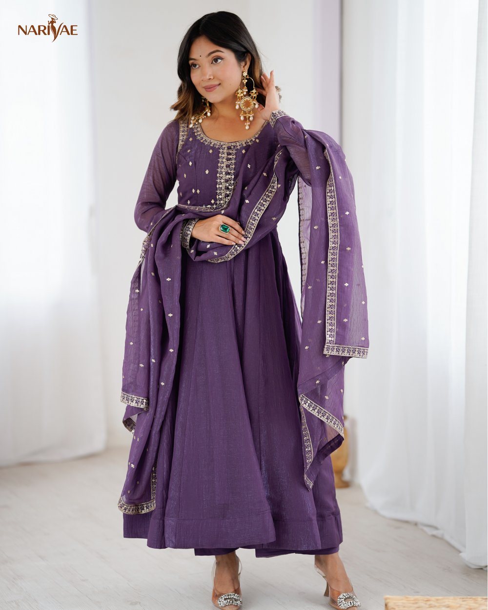 Anarkali Gown Set in Pure Crunchy Silk | Fully Flared Embroidered Designer Gown with Pant & Dupatta | Ready to Wear Ethnic Set for Women