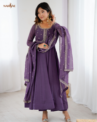 Anarkali Gown Set in Pure Crunchy Silk | Fully Flared Embroidered Designer Gown with Pant & Dupatta | Ready to Wear Ethnic Set for Women