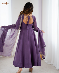 Anarkali Gown Set in Pure Crunchy Silk | Fully Flared Embroidered Designer Gown with Pant & Dupatta | Ready to Wear Ethnic Set for Women
