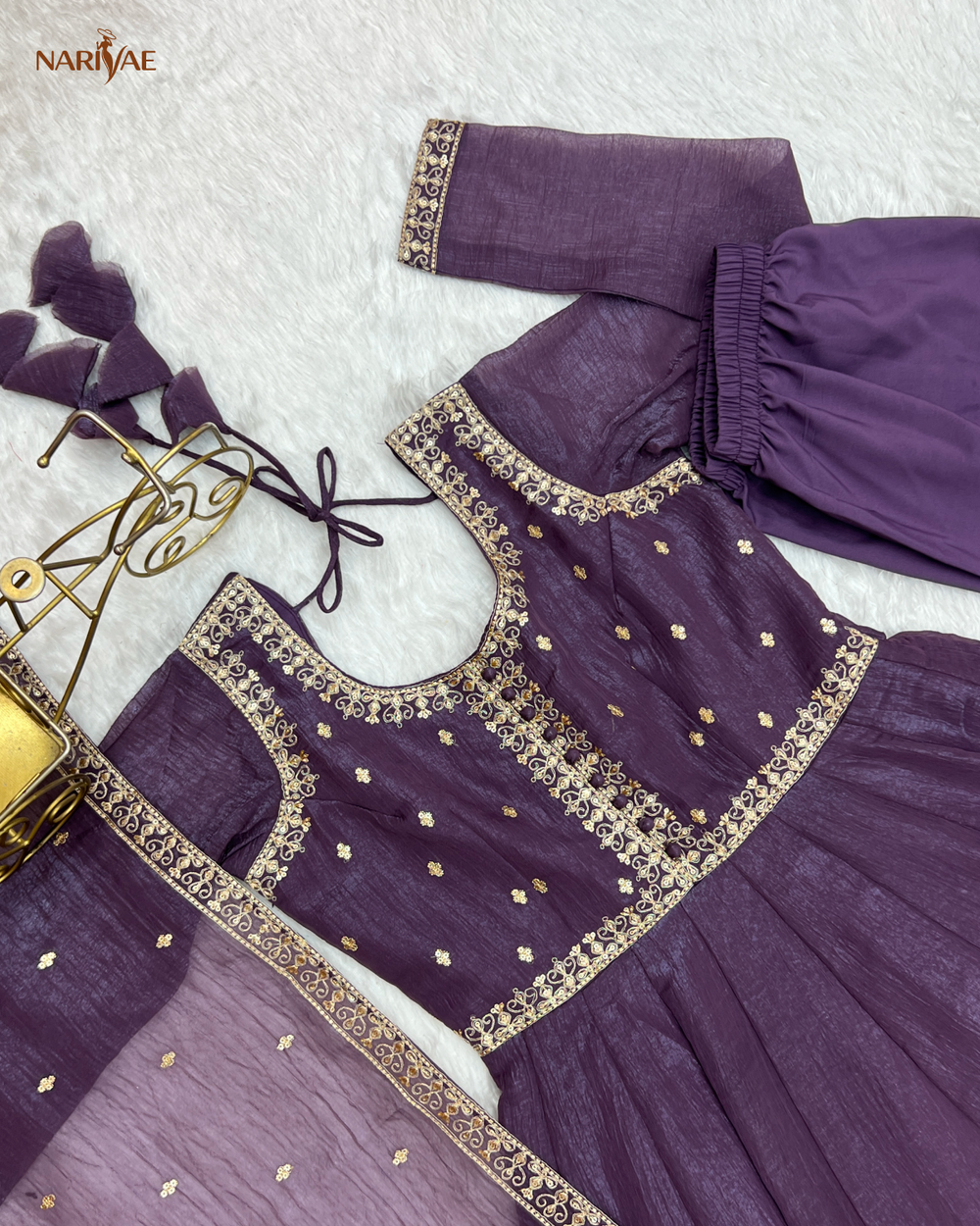 Anarkali Gown Set in Pure Crunchy Silk | Fully Flared Embroidered Designer Gown with Pant & Dupatta | Ready to Wear Ethnic Set for Women