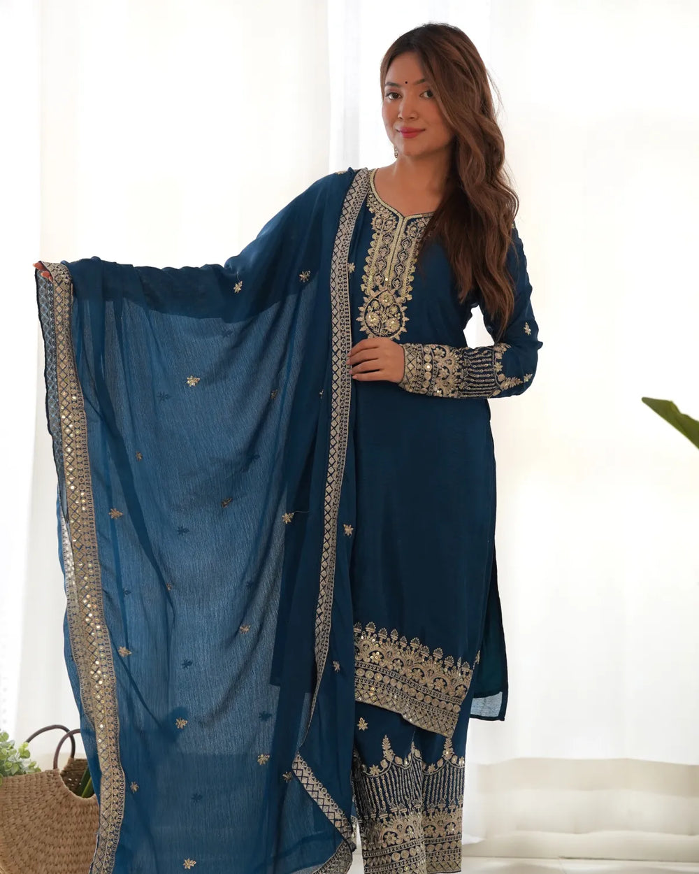Straight Kurta Set in Pure Chinon Silk with Embroidery, Sequence & Jari Work | Dupatta & Pant | Ready to Wear Ethnic Set for Women