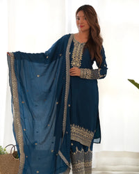 Straight Kurta Set in Pure Chinon Silk with Embroidery, Sequence & Jari Work | Dupatta & Pant | Ready to Wear Ethnic Set for Women