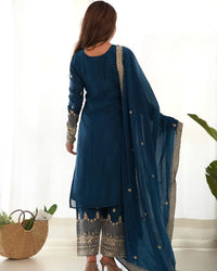 Straight Kurta Set in Pure Chinon Silk with Embroidery, Sequence & Jari Work | Dupatta & Pant | Ready to Wear Ethnic Set for Women