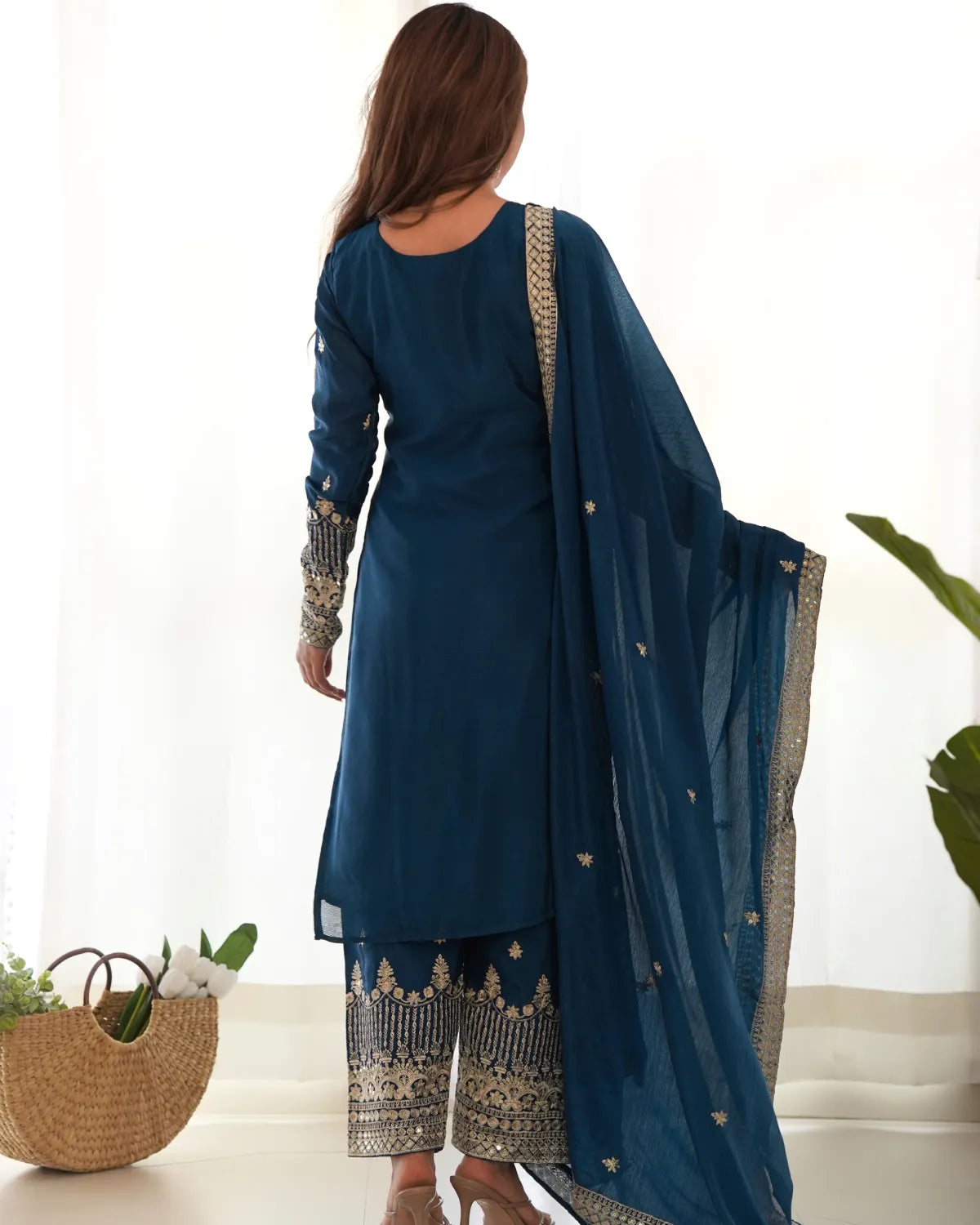 Straight Kurta Set in Pure Chinon Silk with Embroidery, Sequence & Jari Work | Dupatta & Pant | Ready to Wear Ethnic Set for Women