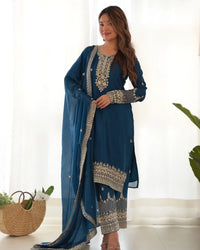 Straight Kurta Set in Pure Chinon Silk with Embroidery, Sequence & Jari Work | Dupatta & Pant | Ready to Wear Ethnic Set for Women